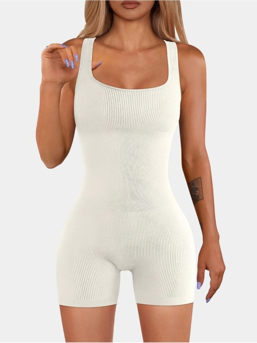 NWOT OQQ Women’s White Ribbed Square Neck Sleeveless Romper